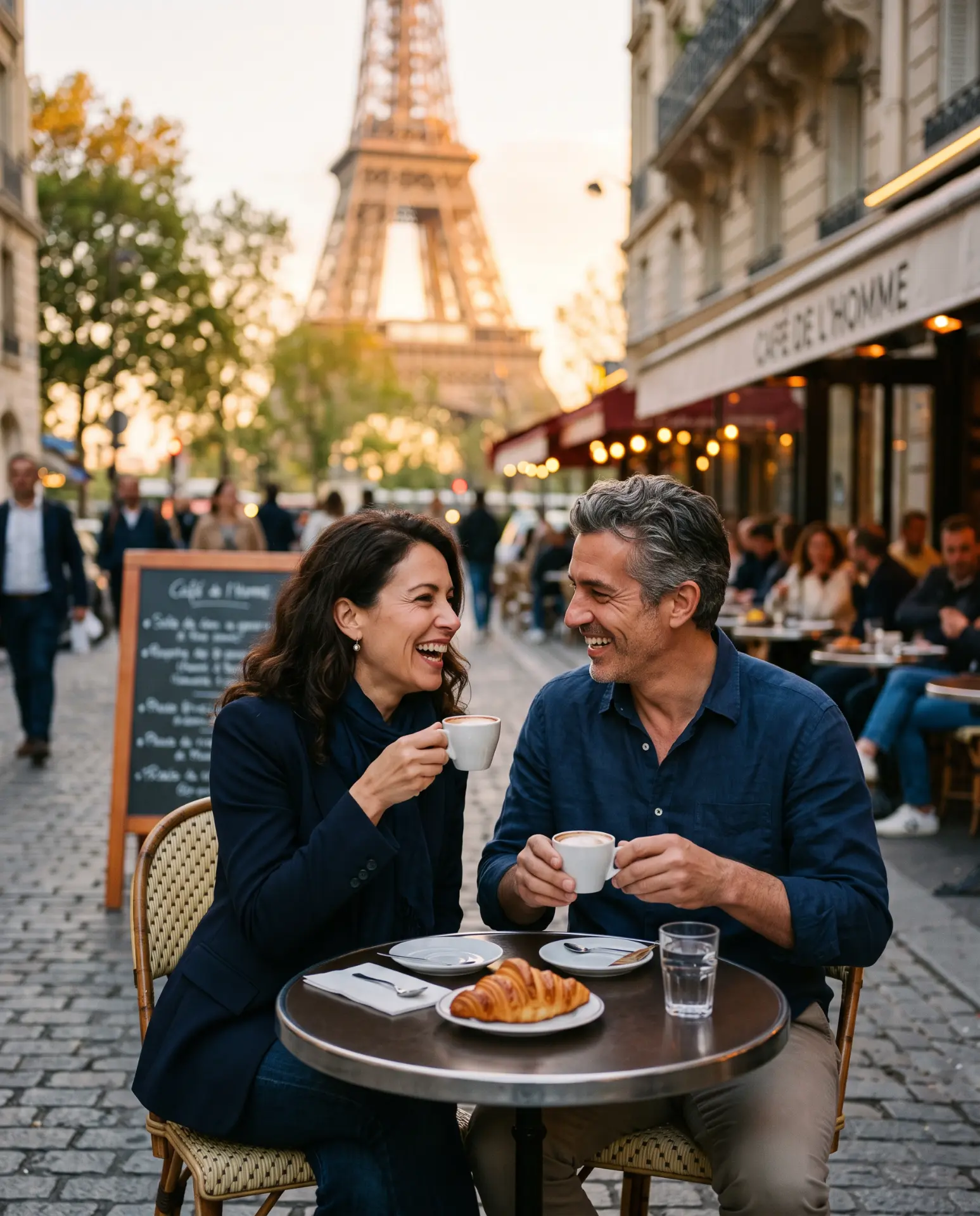 Casal compartilhando um café em Paris