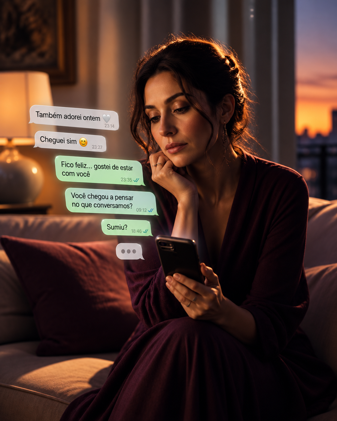 Mulher olhando para o celular enquanto uma conversa perde o ritmo